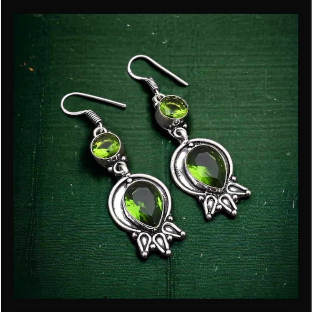 Peridot Handcrafted Drop Dangle Hook Style Earrings 2.32" Long Made In India NWT